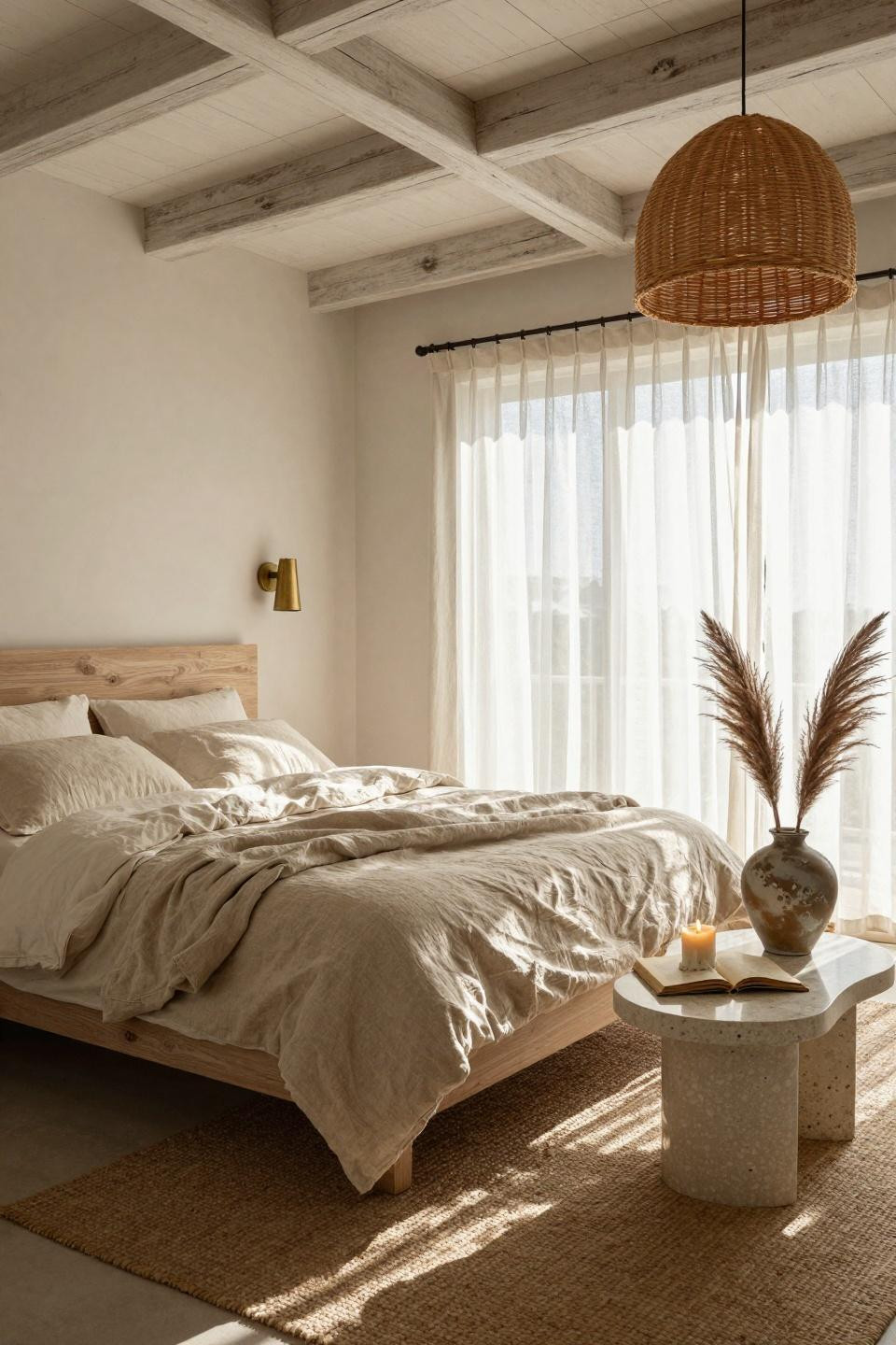Beachy Room Decor - sun-drenched bedroom with driftwood bed and linen duvet