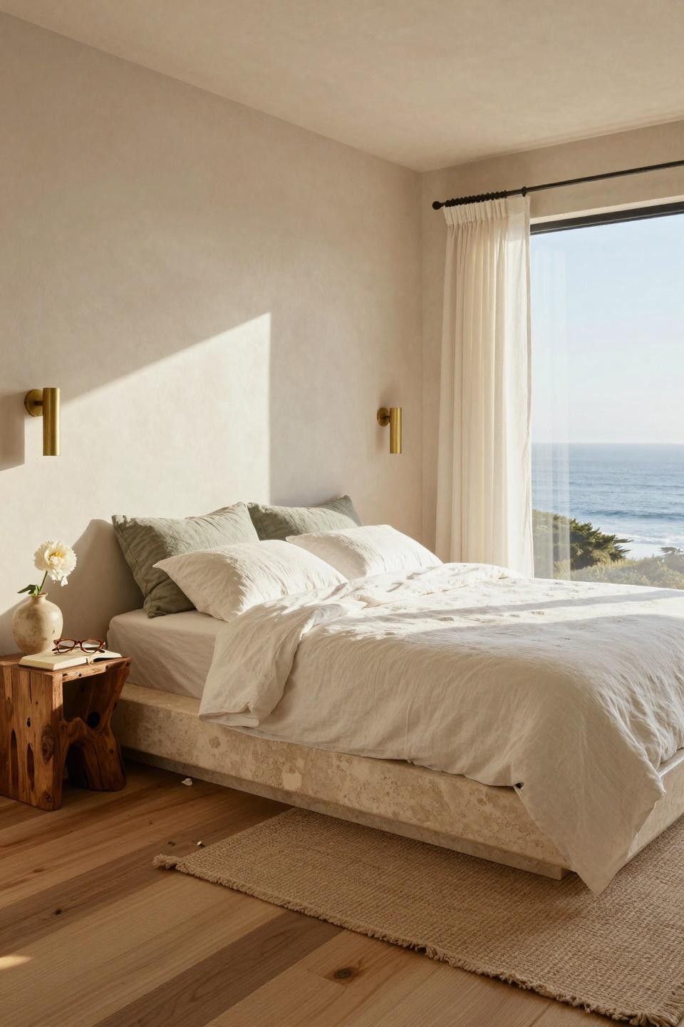Beachy Room Decor - hand-carved travertine platform bed with sage green accents