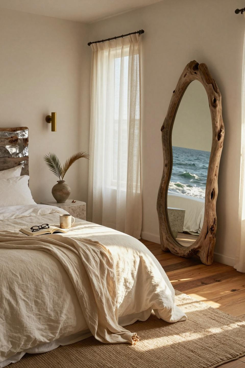 Beachy Room Decor - travertine side table with driftwood mirror and linen bedding