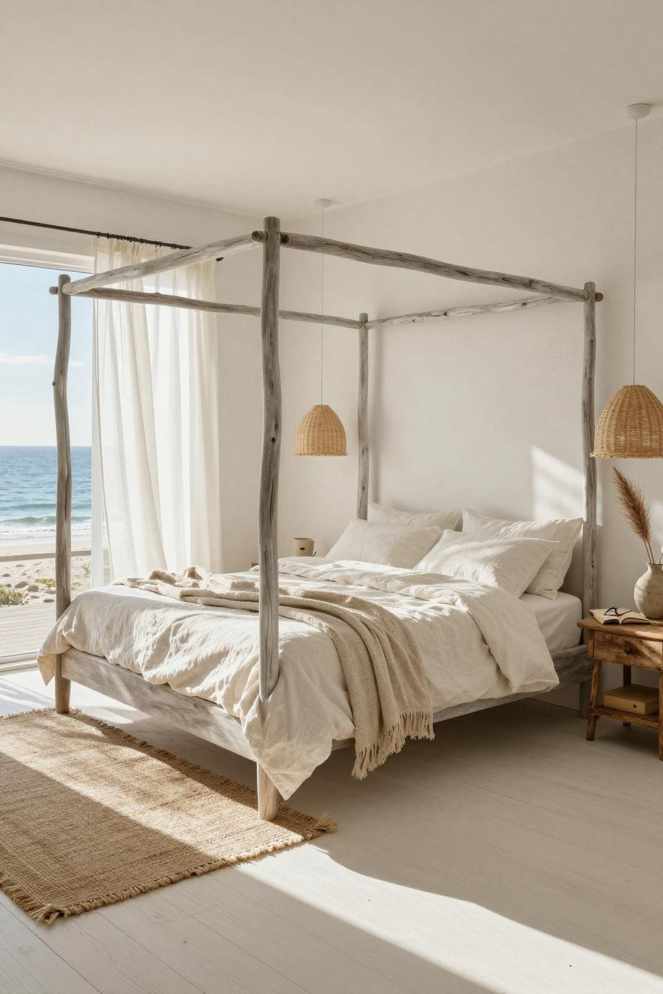 Beachy Room Decor - driftwood four-poster bed with jute rug and ocean view