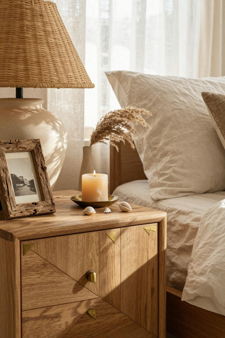 Beachy Room Decor - blonde oak nightstand with geometric brass inlay