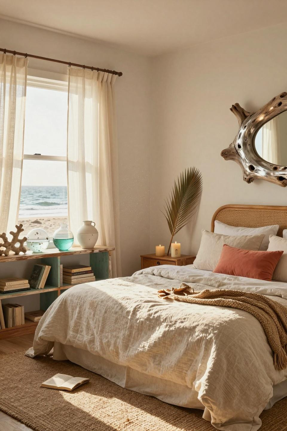 Beachy Room Decor - open shelving with driftwood wall art and coastal finds