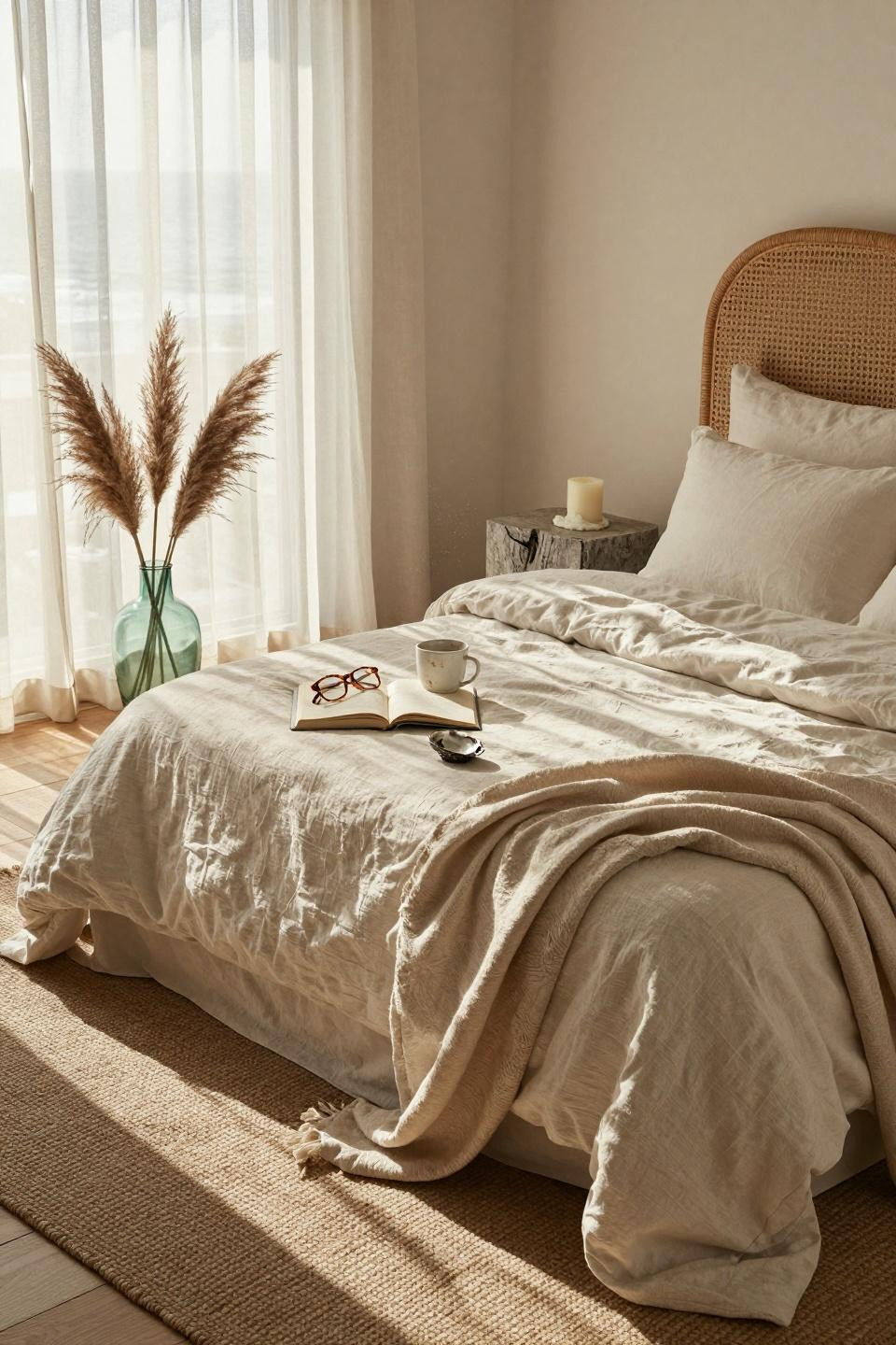 Beachy Room Decor - overhead view of rattan headboard with linen bedding