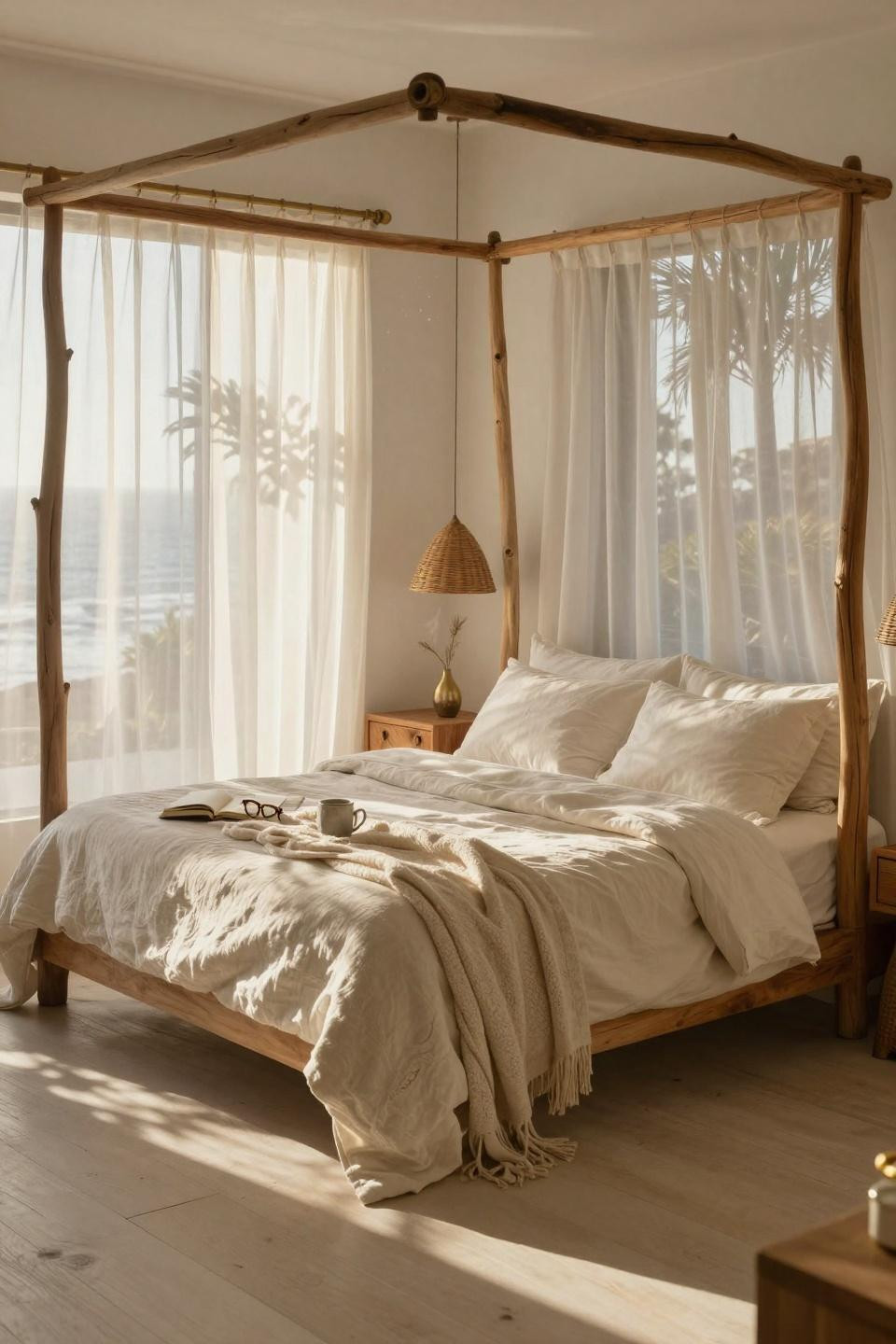 Beachy Room Decor - Belgian linen duvet with brass fixtures and driftwood bed