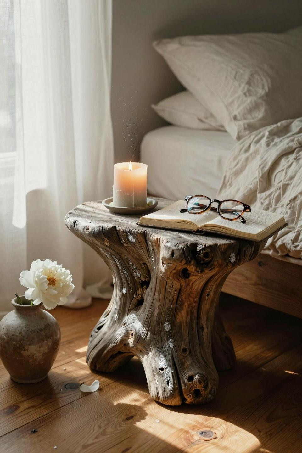 Beachy Room Decor - close-up of hand-carved driftwood nightstand with candle and journal