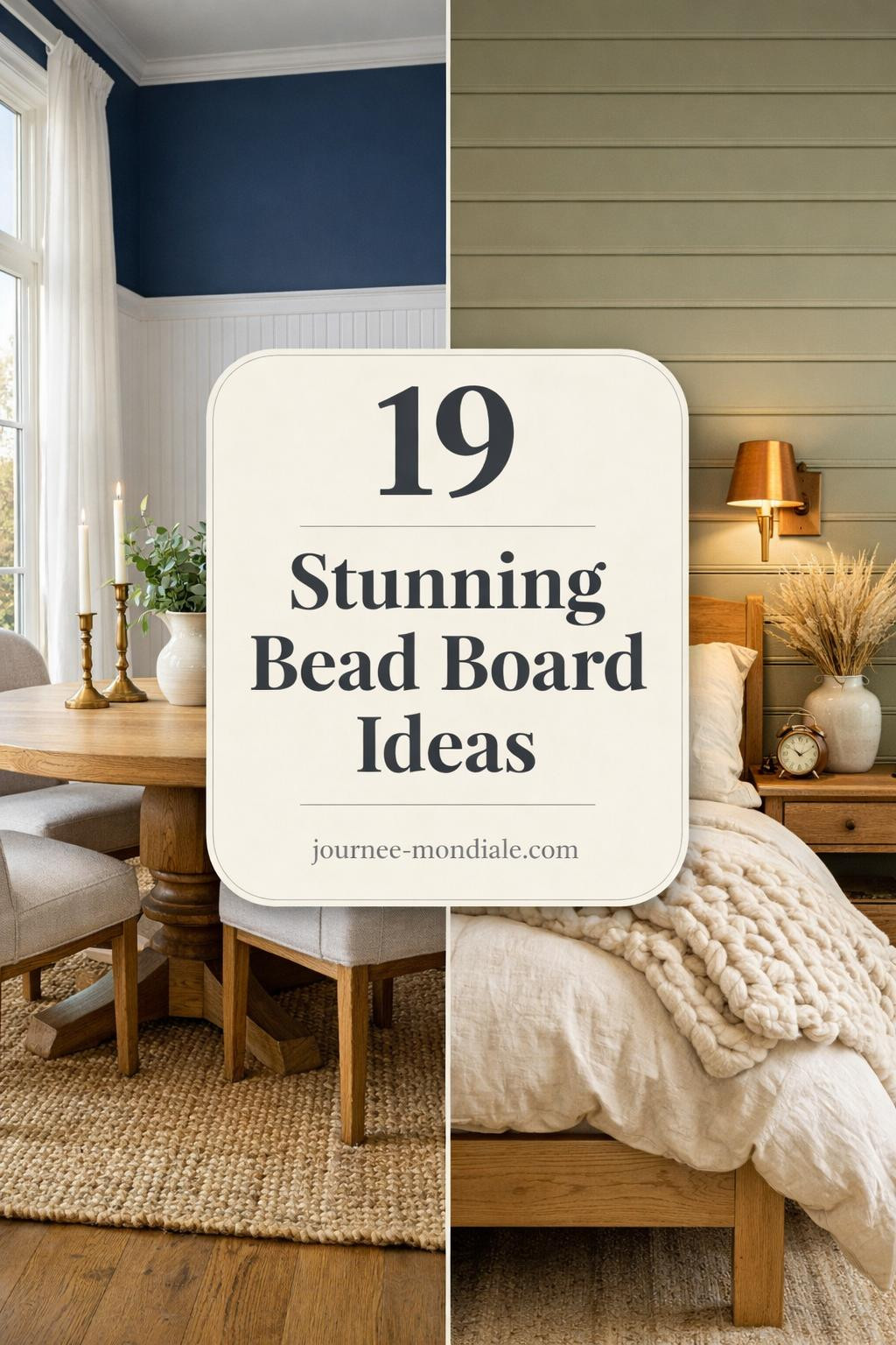 Split view of white bead board wainscoting in coastal dining room with navy walls and sage green horizontal bead board accent wall in farmhouse bedroom