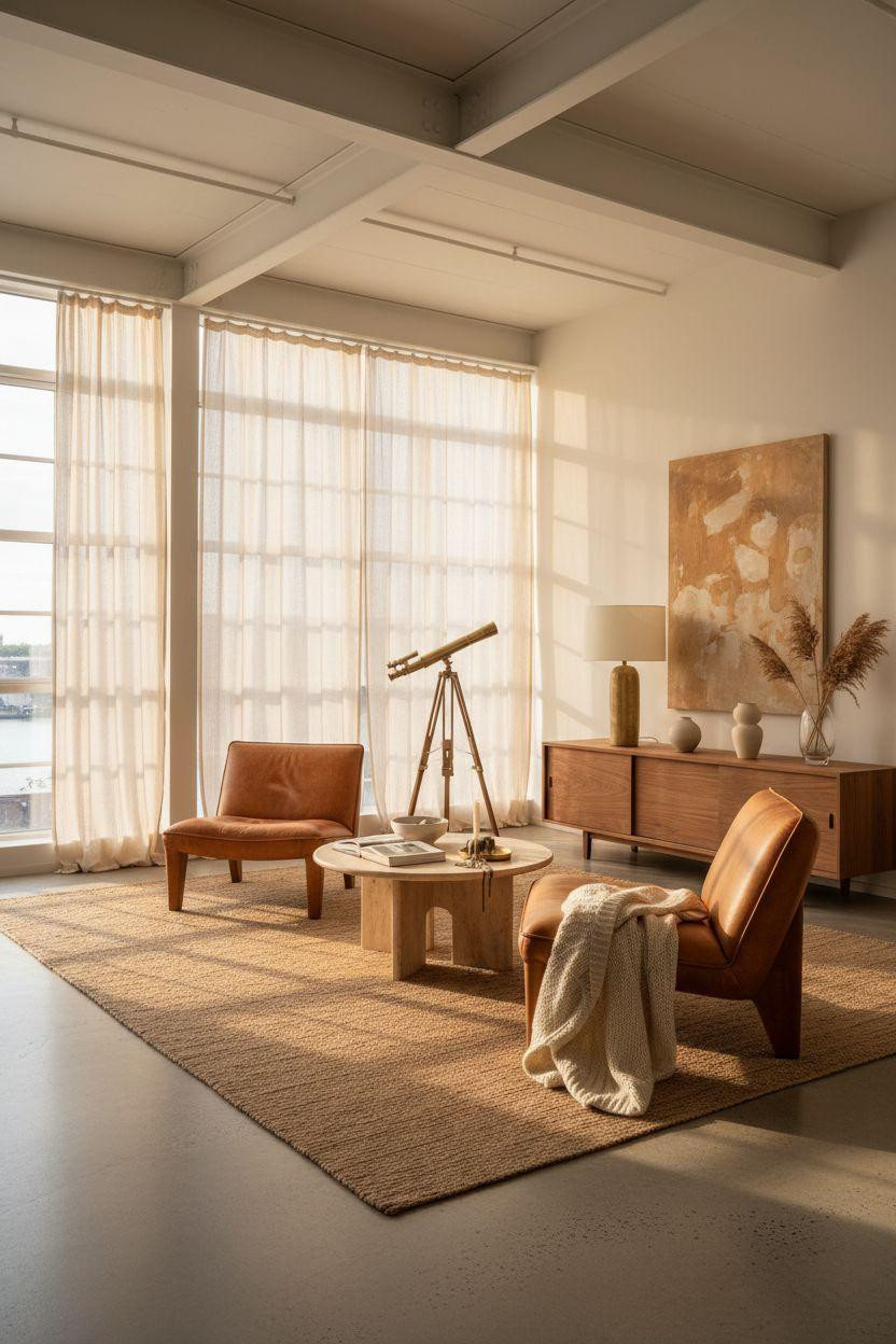 Bedroom Sitting Area - cognac chairs on jute rug with concrete floors and minimalist styling