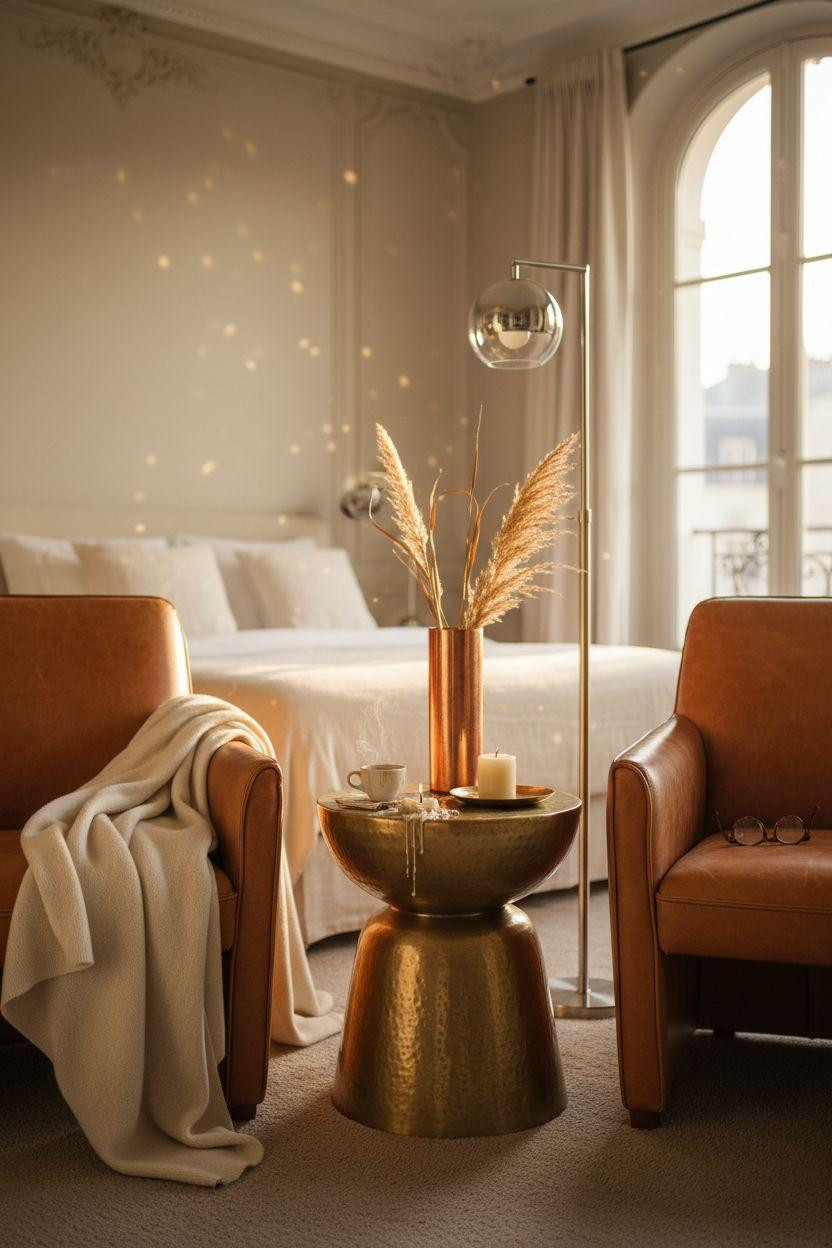 Bedroom Sitting Area - cognac chairs with brass table and copper vase