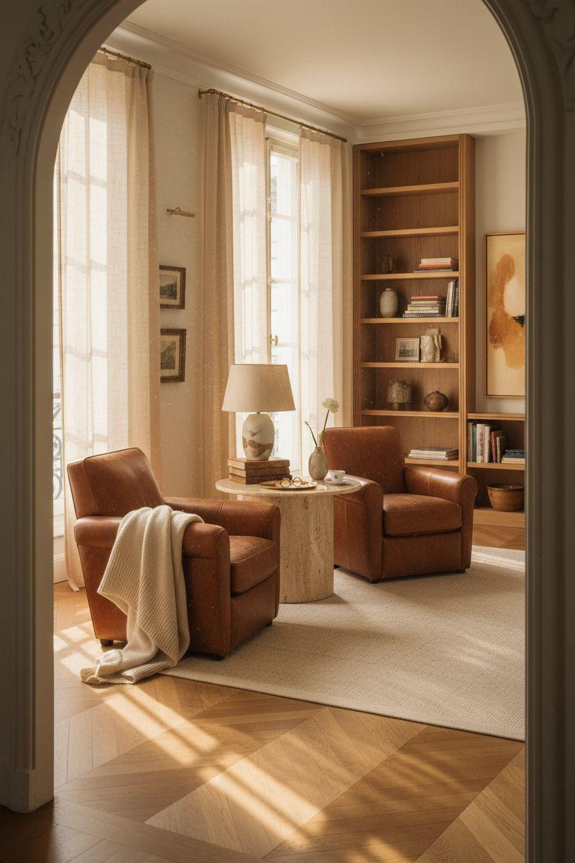 Bedroom Sitting Area - cognac chairs framed by elegant archway and built-ins