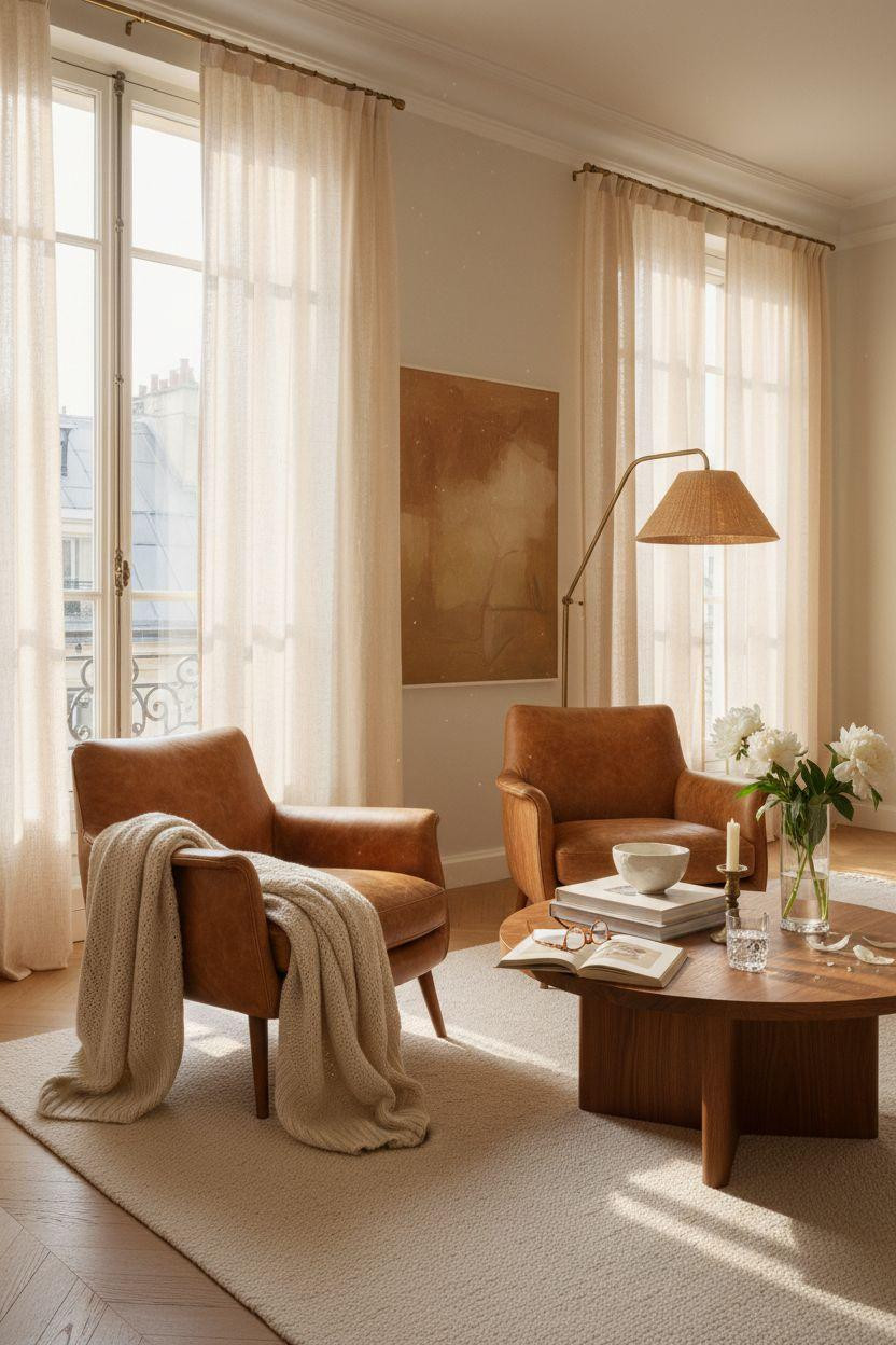 Bedroom Sitting Area - elegant chairs with tall windows and city views