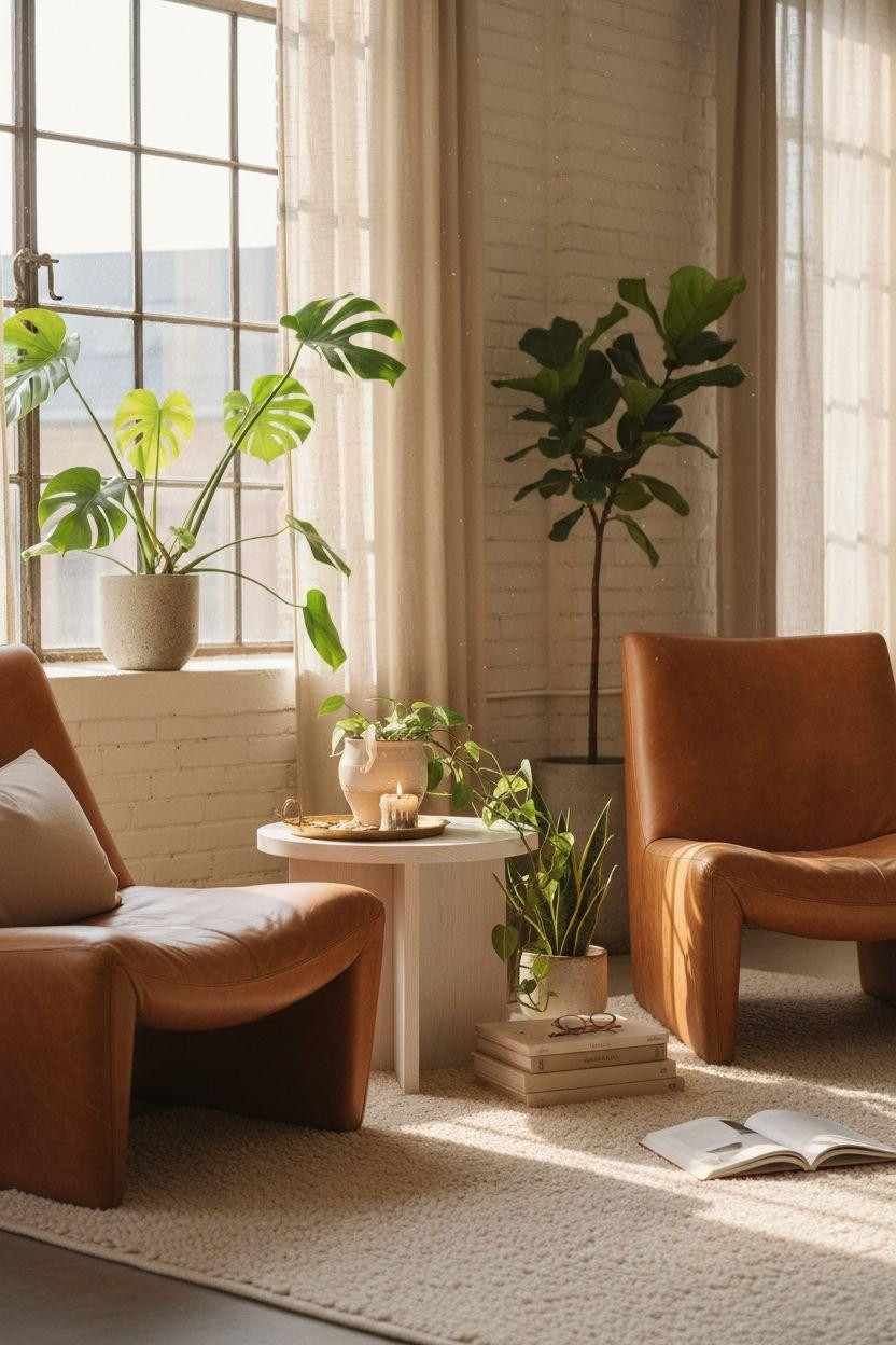 Bedroom Sitting Area - cognac chairs surrounded by green plants and sunlight