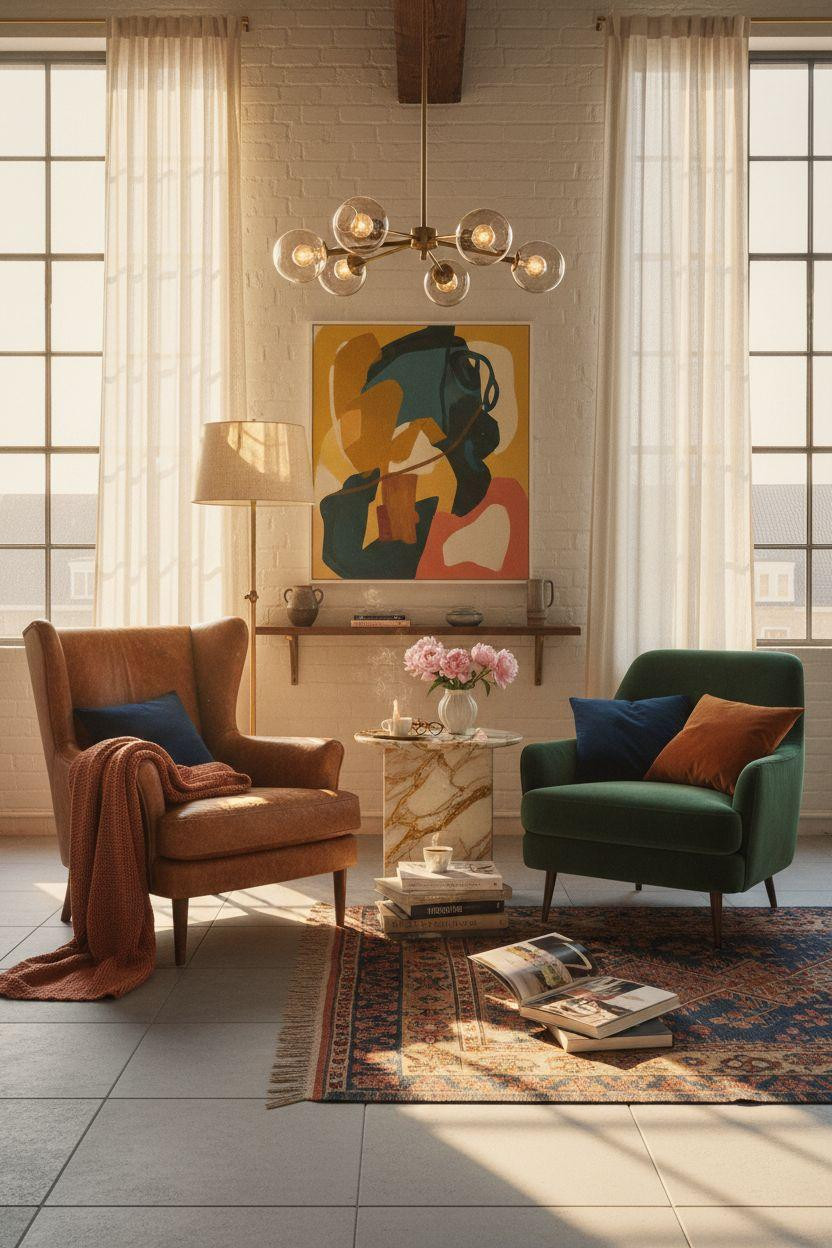 Bedroom Sitting Area - mismatched chairs with colorful cushions and art