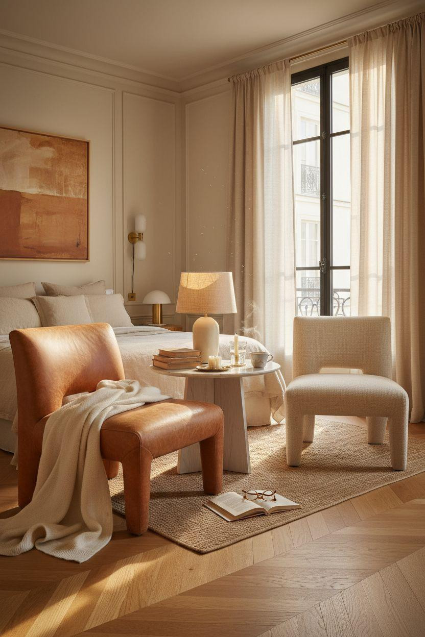 Bedroom Sitting Area - cognac leather and linen chairs in Parisian space
