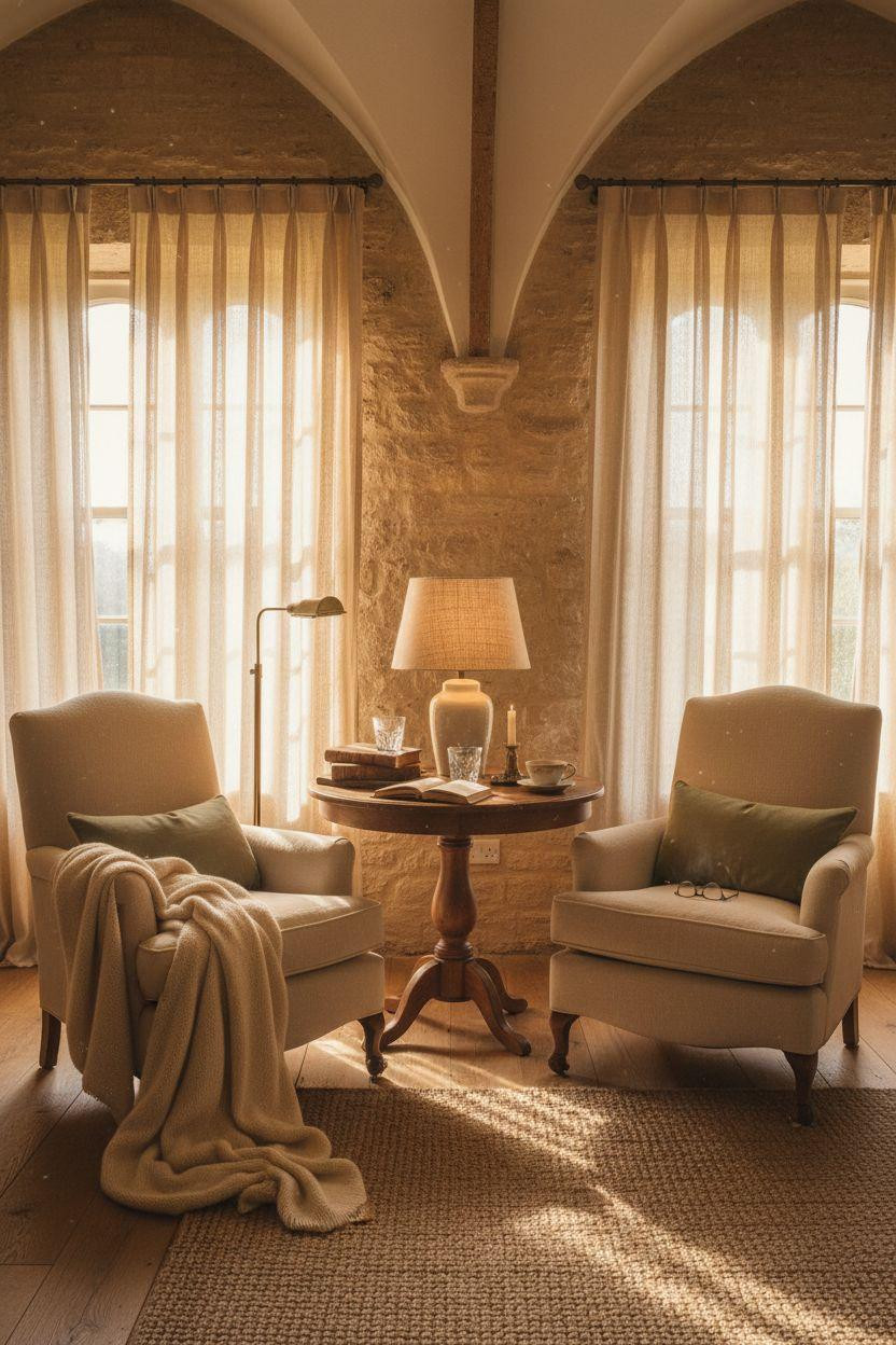 Bedroom Sitting Area - cream linen chairs in rustic stone bedroom