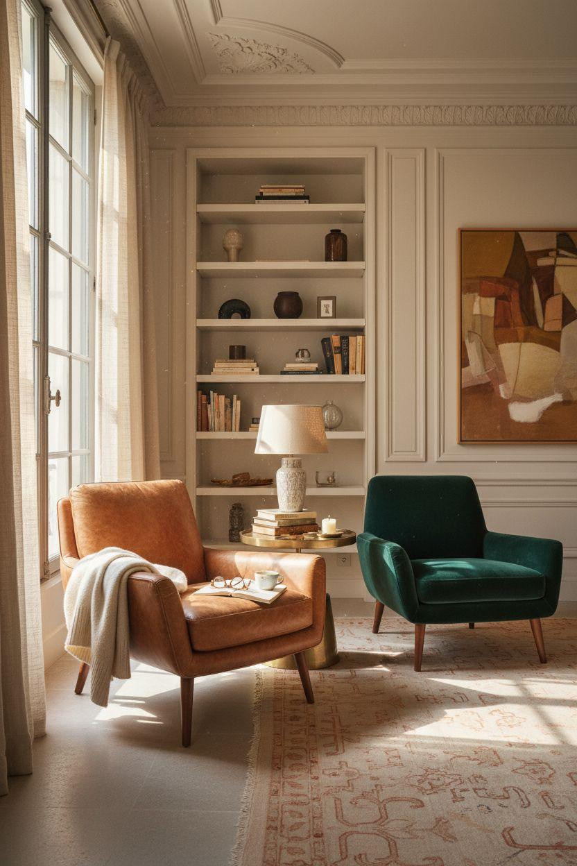 Bedroom Sitting Area - emerald velvet and cognac leather chairs with brass table