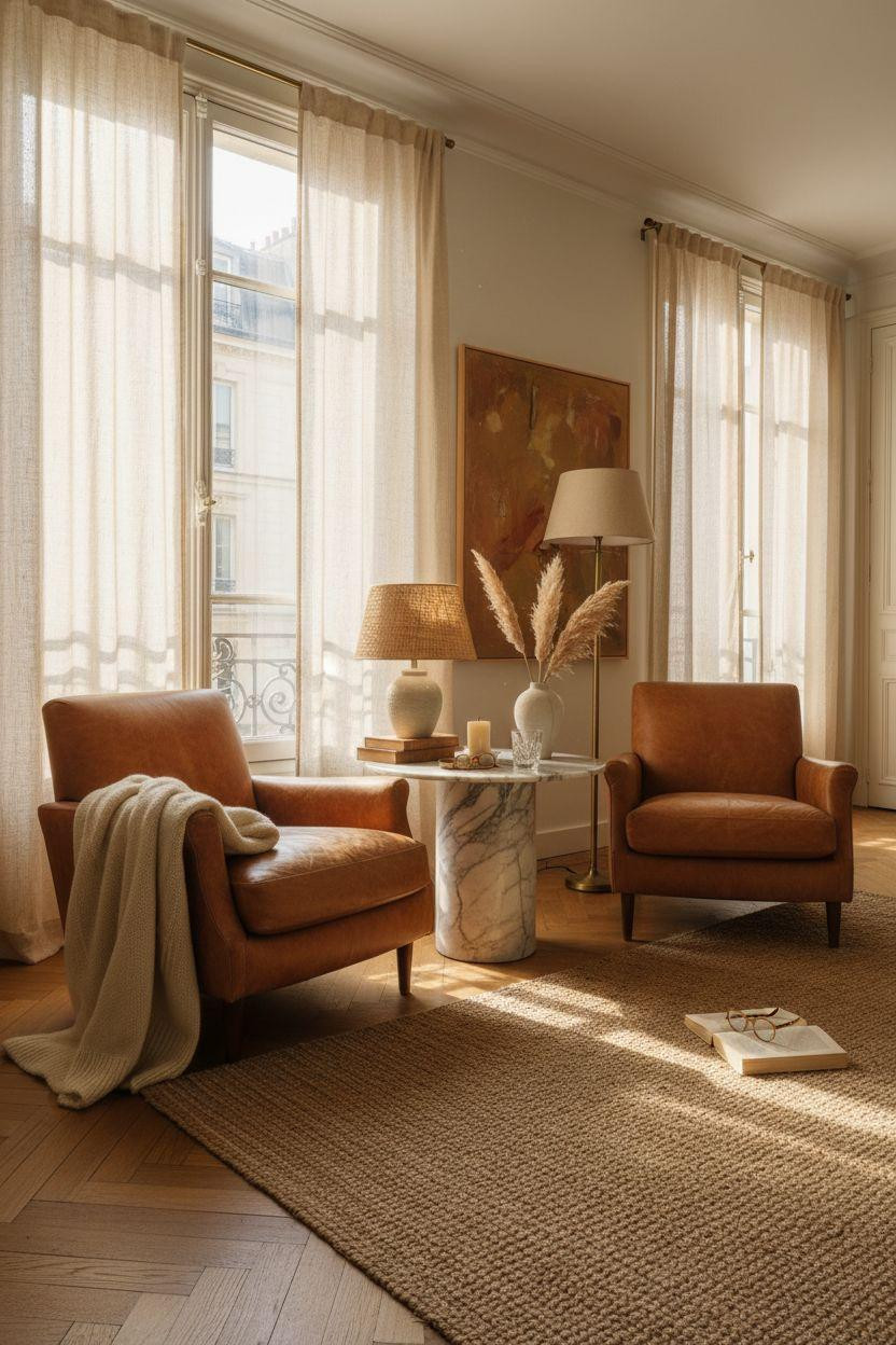 Bedroom Sitting Area - cognac chairs on herringbone floors with tall windows