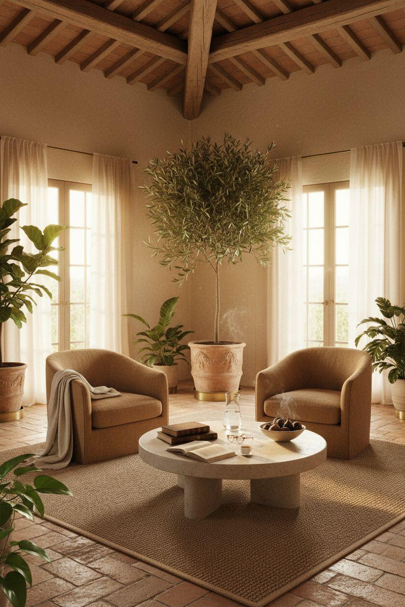 Bedroom Sitting Area - sand linen chairs with potted olive tree and coastal vibes