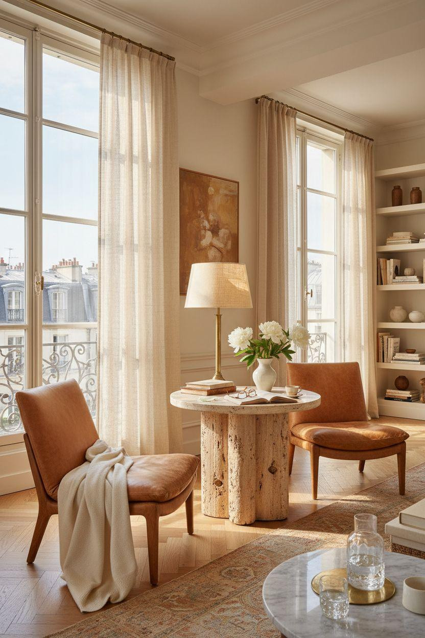 Bedroom Sitting Area - grand bedroom with travertine table and layered textures