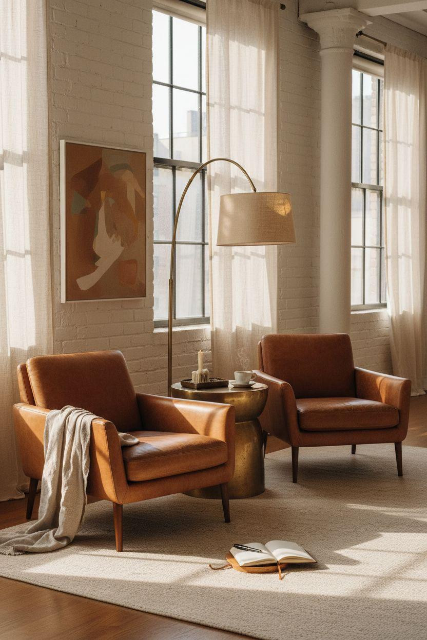 Bedroom Sitting Area - cognac chairs against white painted brick with arc lamp
