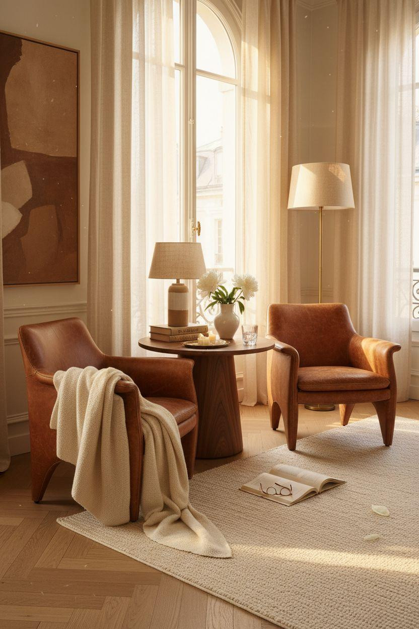 Bedroom Sitting Area - cognac and cream chairs with walnut table and abstract art
