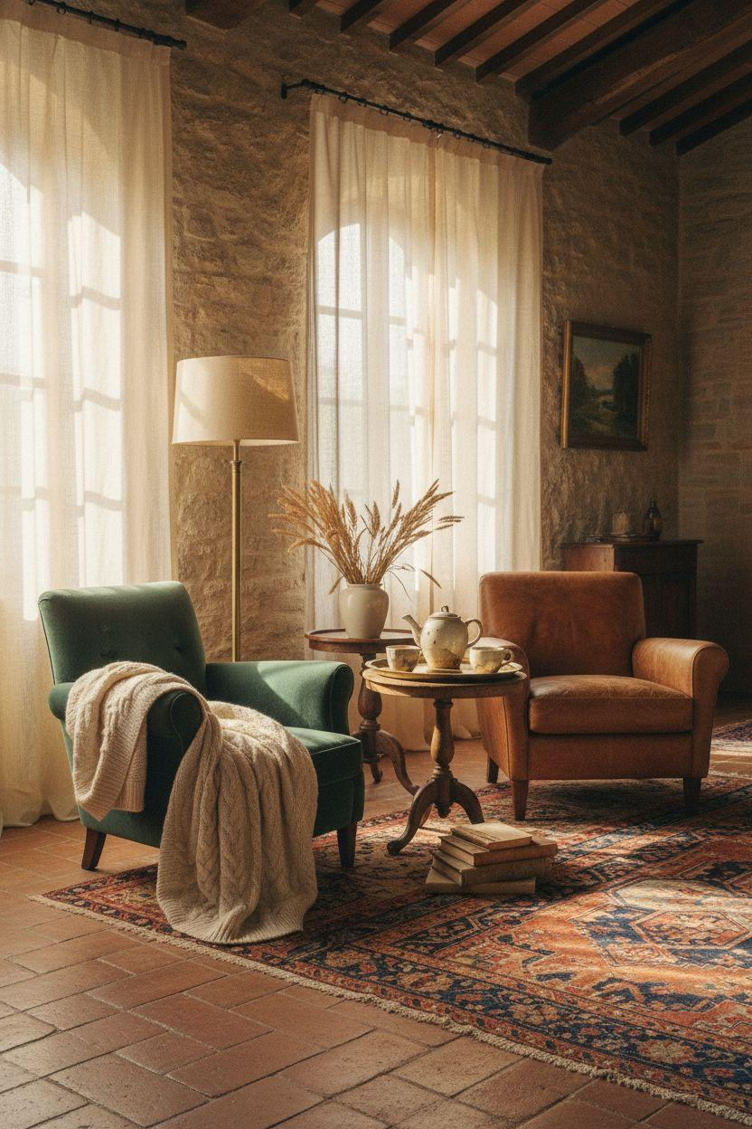Bedroom Sitting Area - emerald velvet and cognac leather chairs on layered vintage rugs