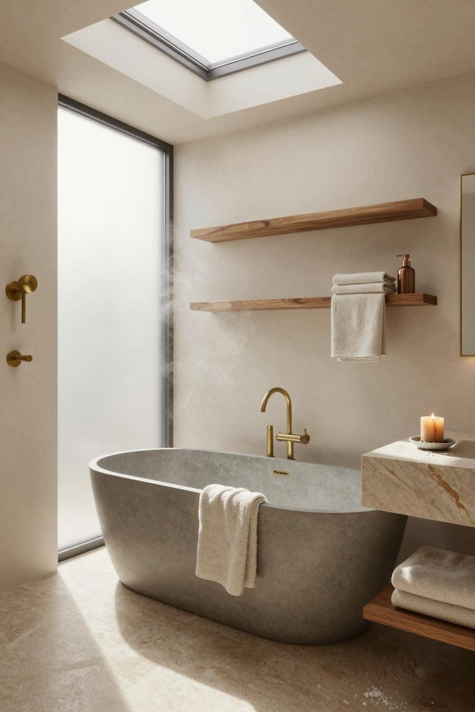 Beige Bathroom Ideas - Minimalist loft bathroom with skylight