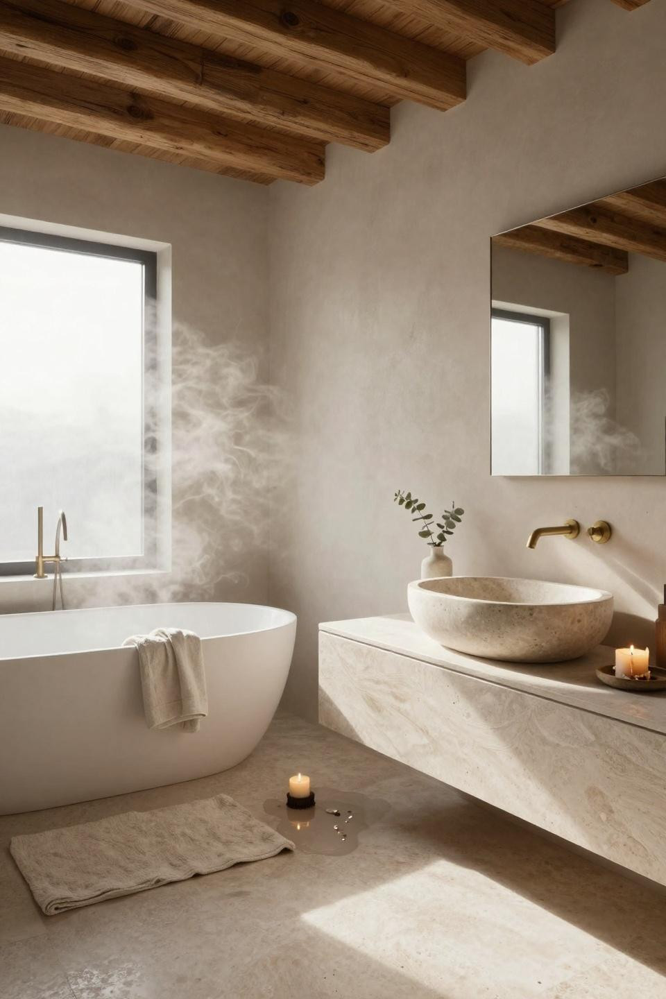 Beige Bathroom Ideas - Copenhagen penthouse bathroom with oak beams