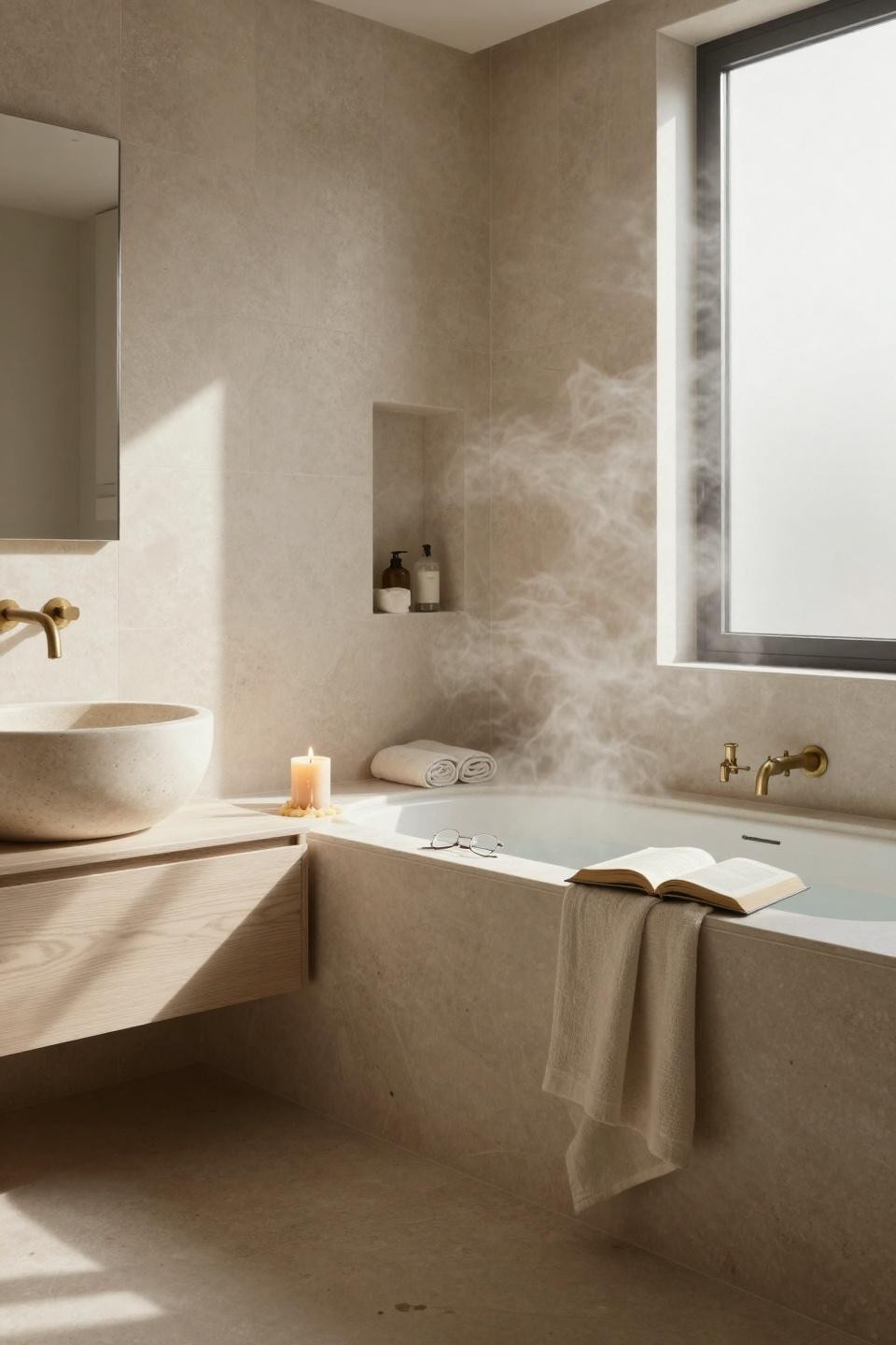 Beige Bathroom Ideas - Japandi bathroom with travertine soaking tub