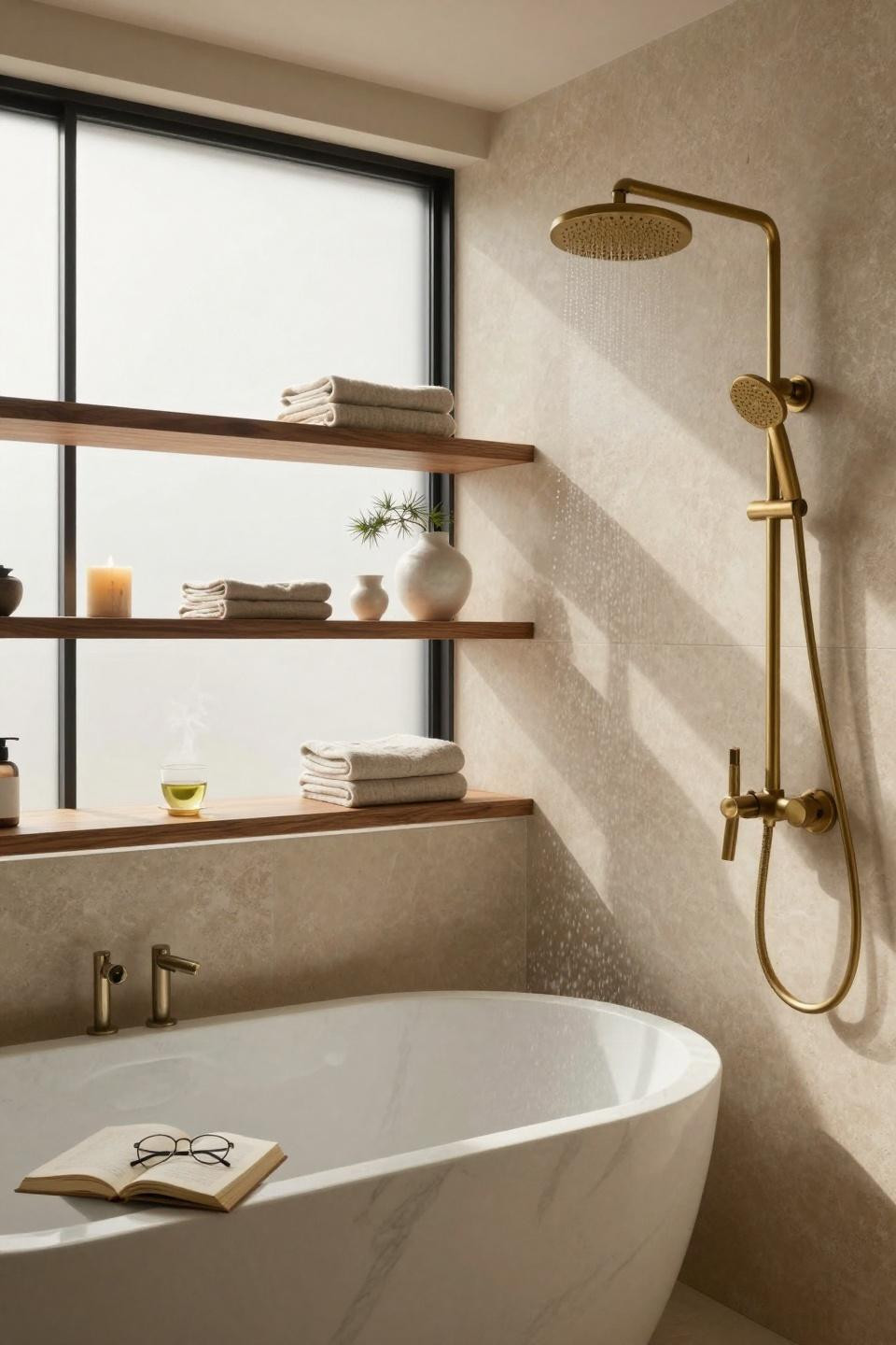Beige Bathroom Ideas - Kyoto townhouse with floating shelves