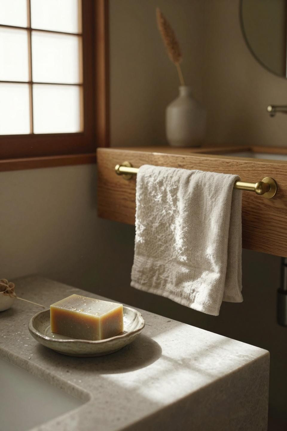 Beige Bathroom Ideas - Kyoto townhouse vanity corner detail