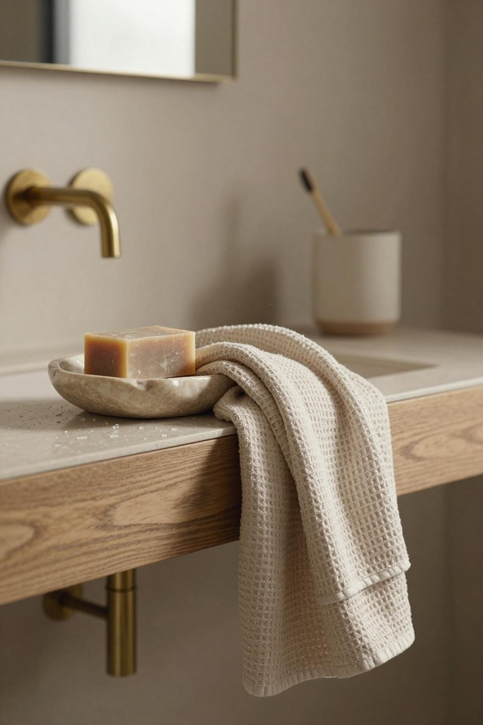 Beige Bathroom Ideas - Detail of carved travertine soap dish