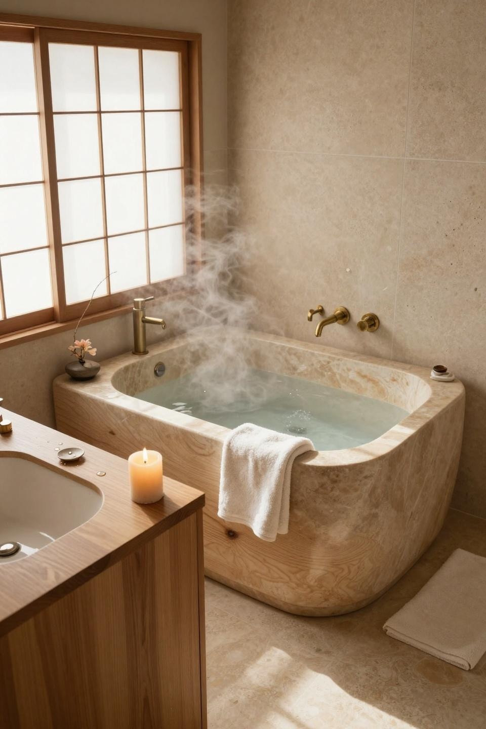 Beige Bathroom Ideas - Kyoto townhouse bathroom with hinoki tub