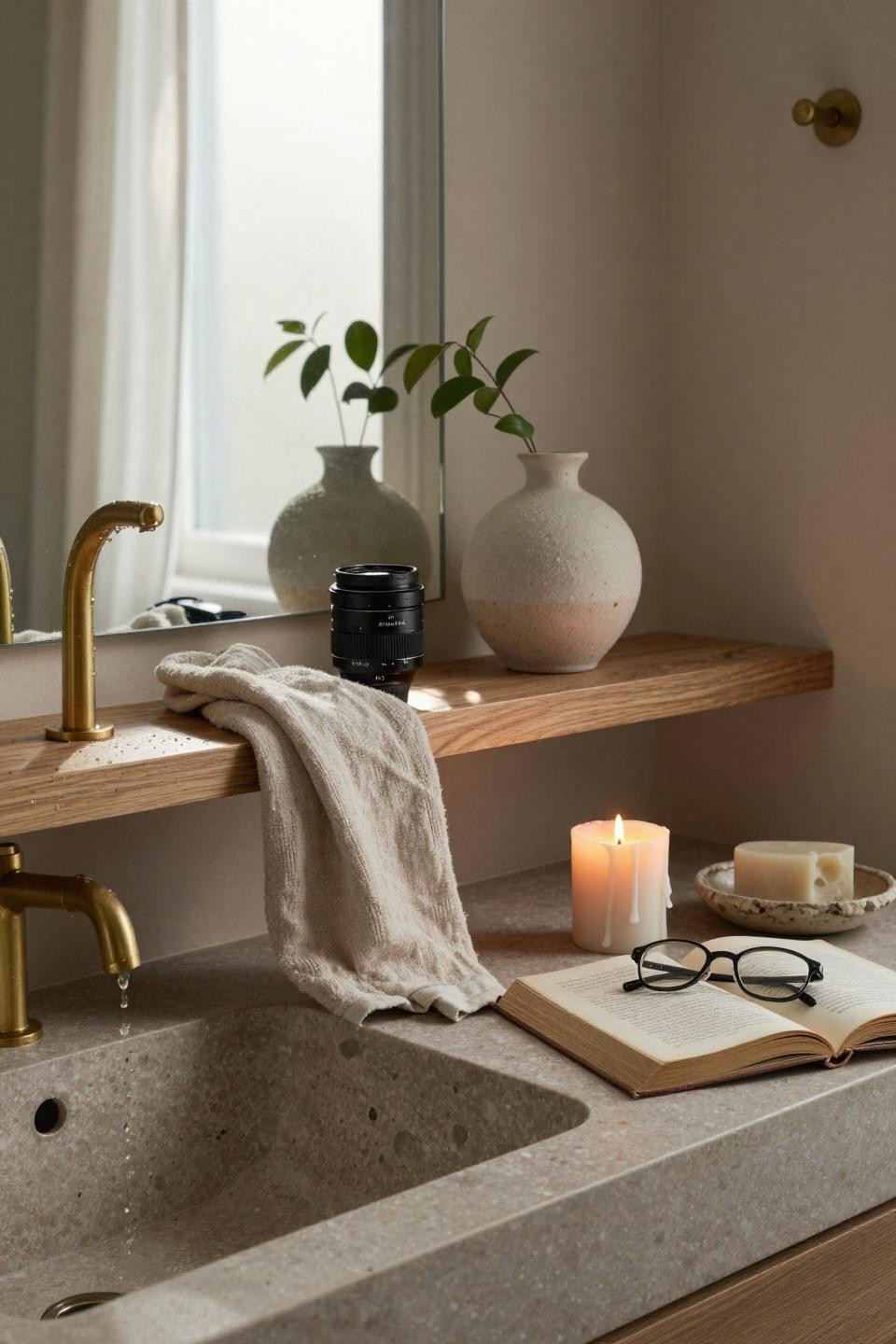 Beige Bathroom Ideas - Close-up of brass fixtures on stone vanity