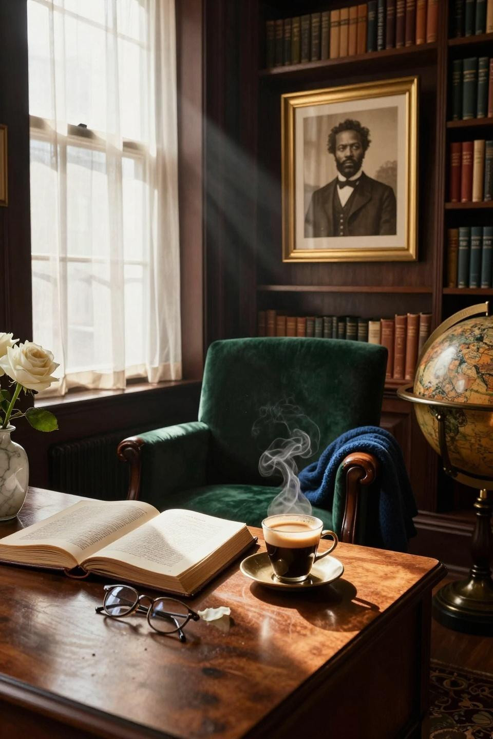 black history month door decoration with library shelves and velvet chair