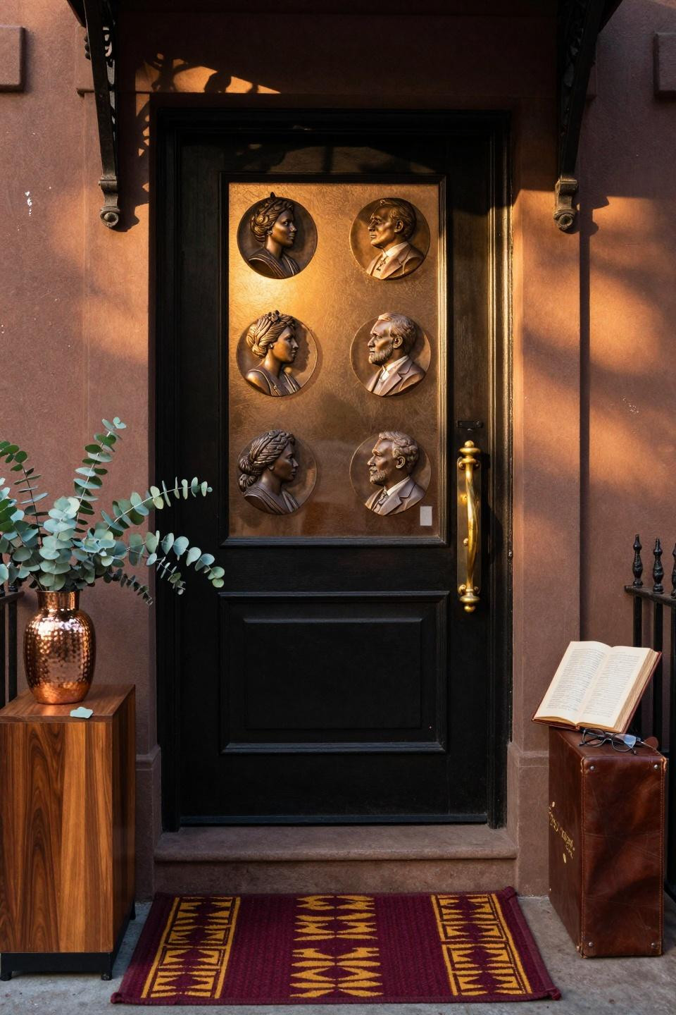 black history month door decoration with bronze medallions and kente runner