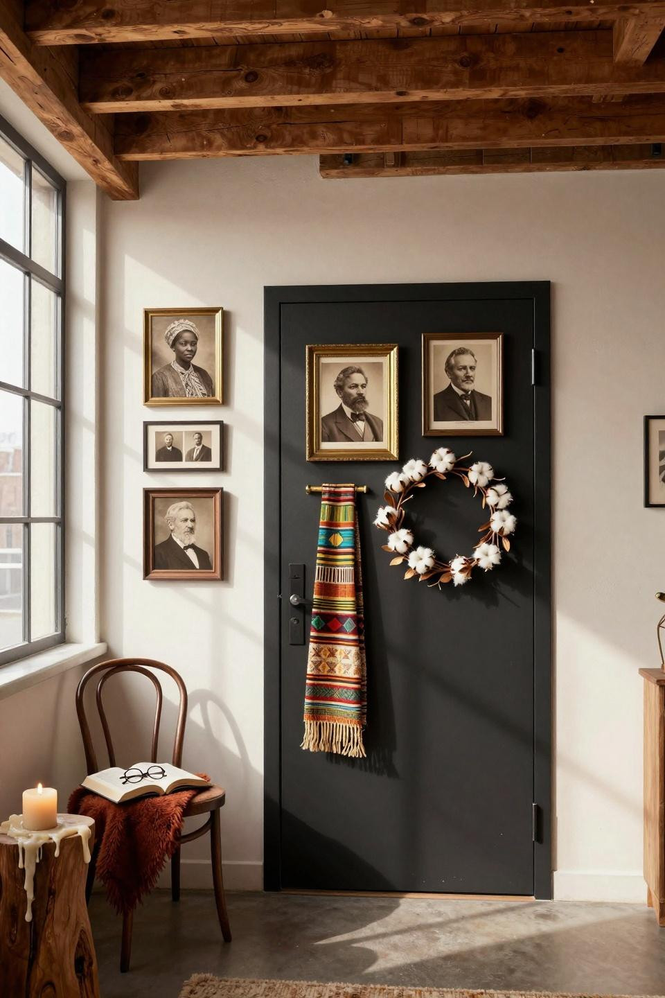 black history month door decoration with sepia portraits and cotton stems