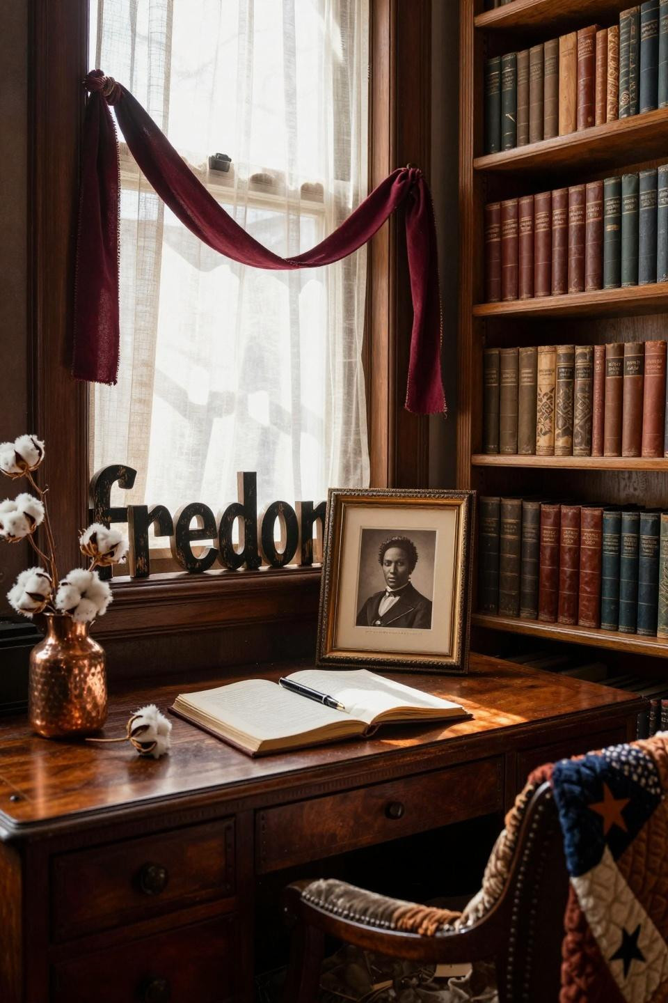 black history month door decoration with vintage desk and cotton stems