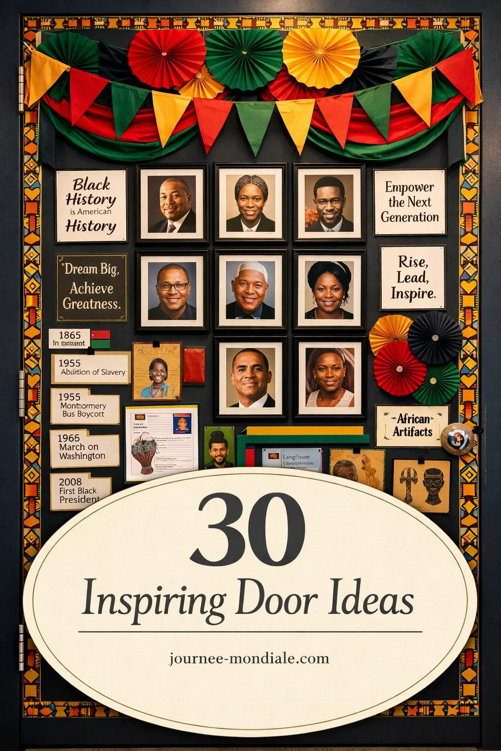 Charcoal classroom door display with framed portraits of Black leaders, pan-African colors, educational quotes, and timeline