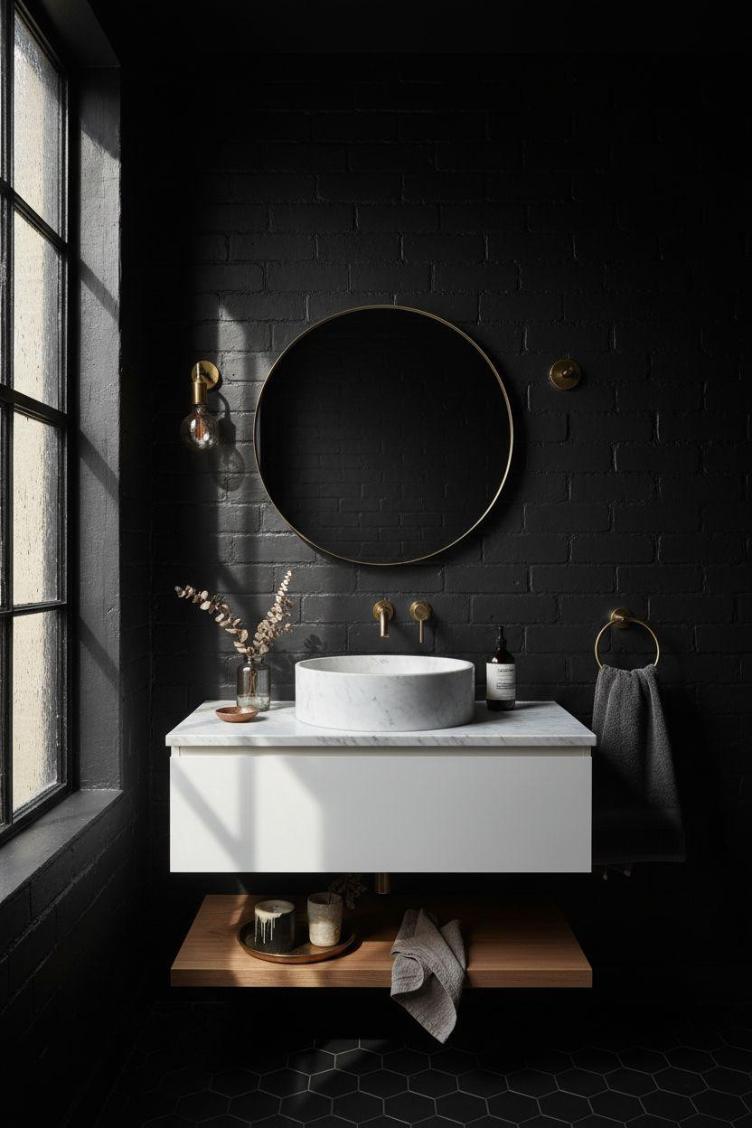 Black powder room with exposed architectural elements and natural wood