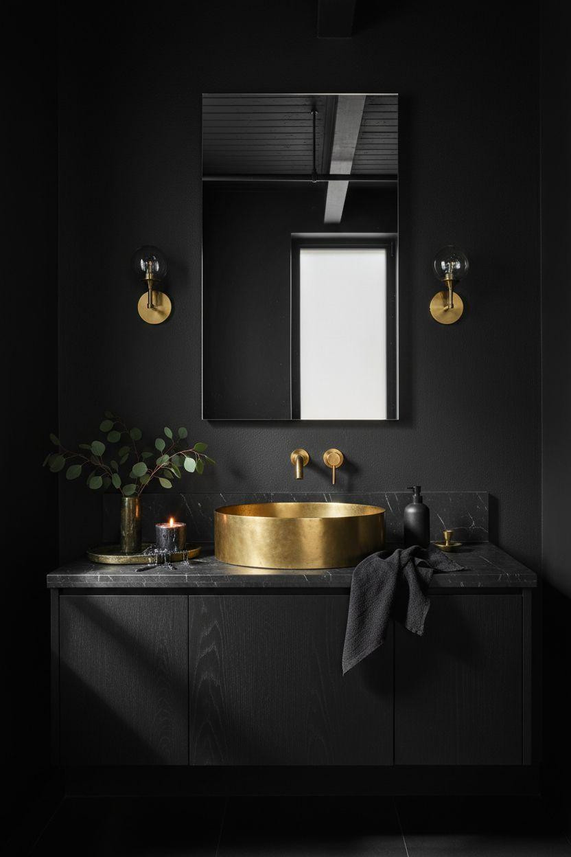 Black powder room with brass vessel sink and modern fixtures