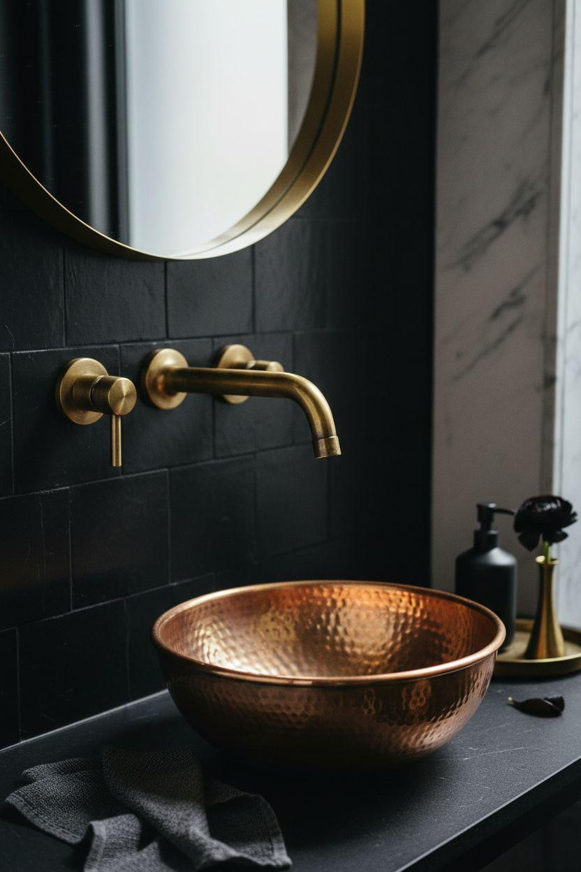 Black powder room with artisan tile and warm metallics