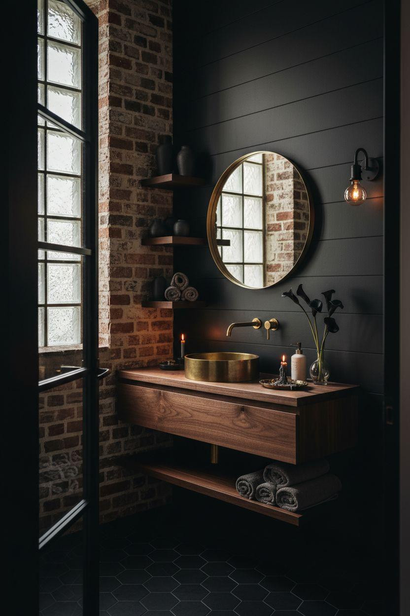 Black powder room with exposed brick and metallic accents