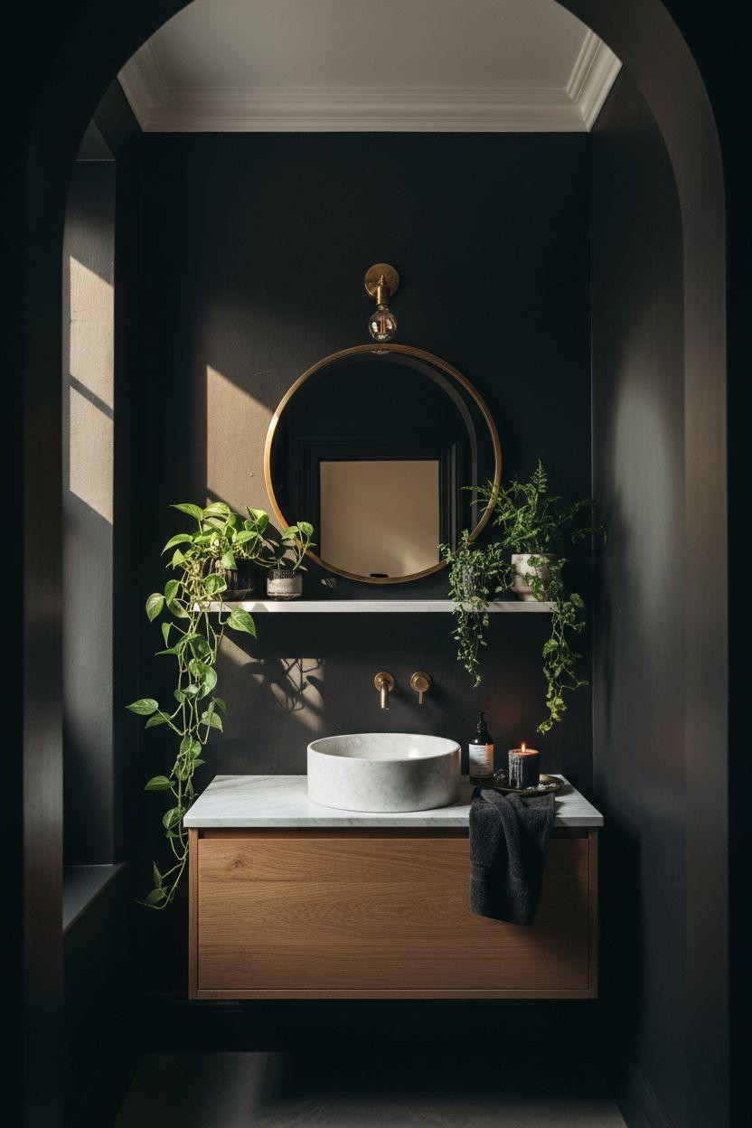 Black powder room with plants and natural wood