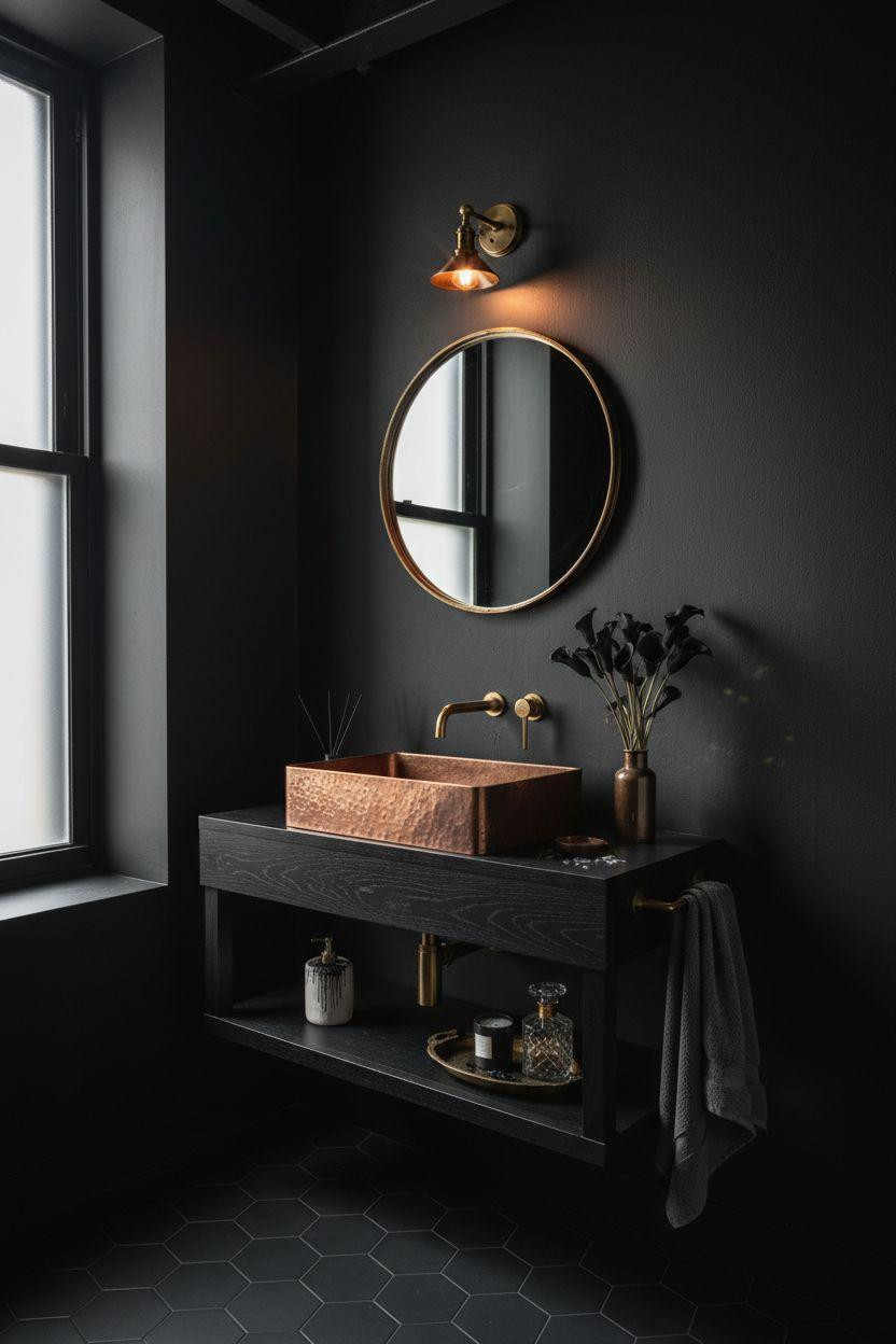 Black powder room with copper sink and vintage lighting