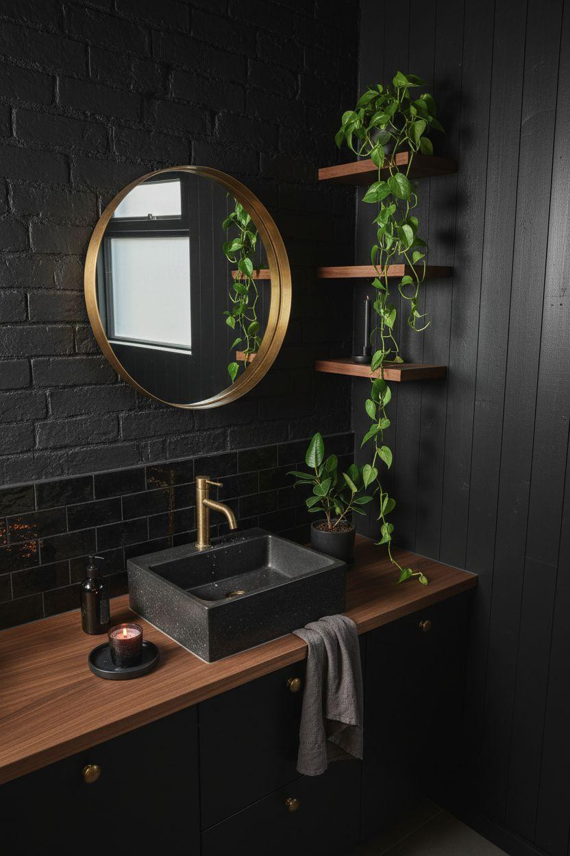 Black powder room with exposed brick and greenery