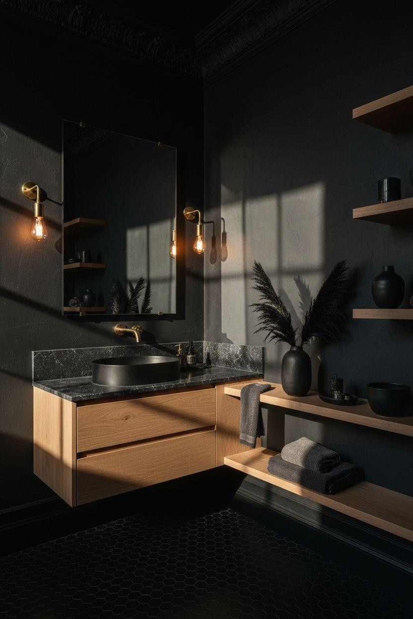 Black powder room with matte walls and brass fixtures
