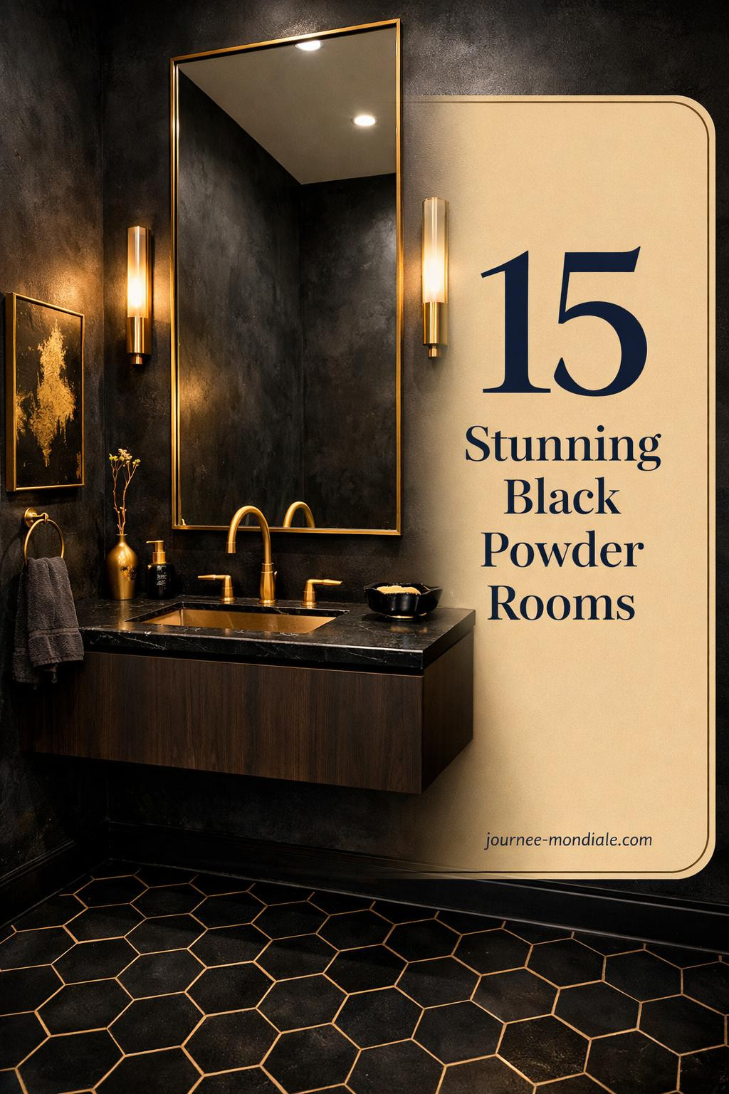 Sophisticated black powder room featuring matte black walnut vanity, honed marble countertop, brass fixtures, hexagonal floor tiles, and ambient wall sconces