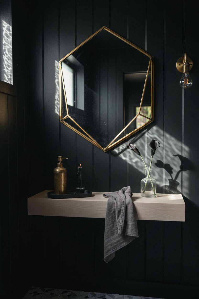 Black powder room with vintage brass mirror and patterned flooring
