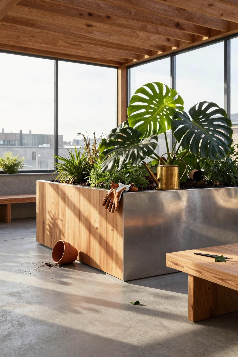 Bloxburg backyard ideas - minimalist courtyard with steel planters and teak