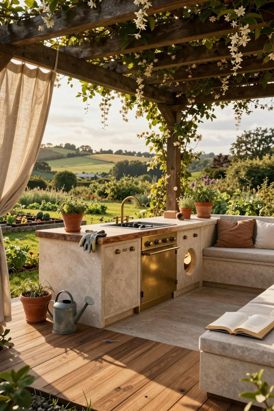 Bloxburg backyard ideas - estate outdoor kitchen with limestone and brass